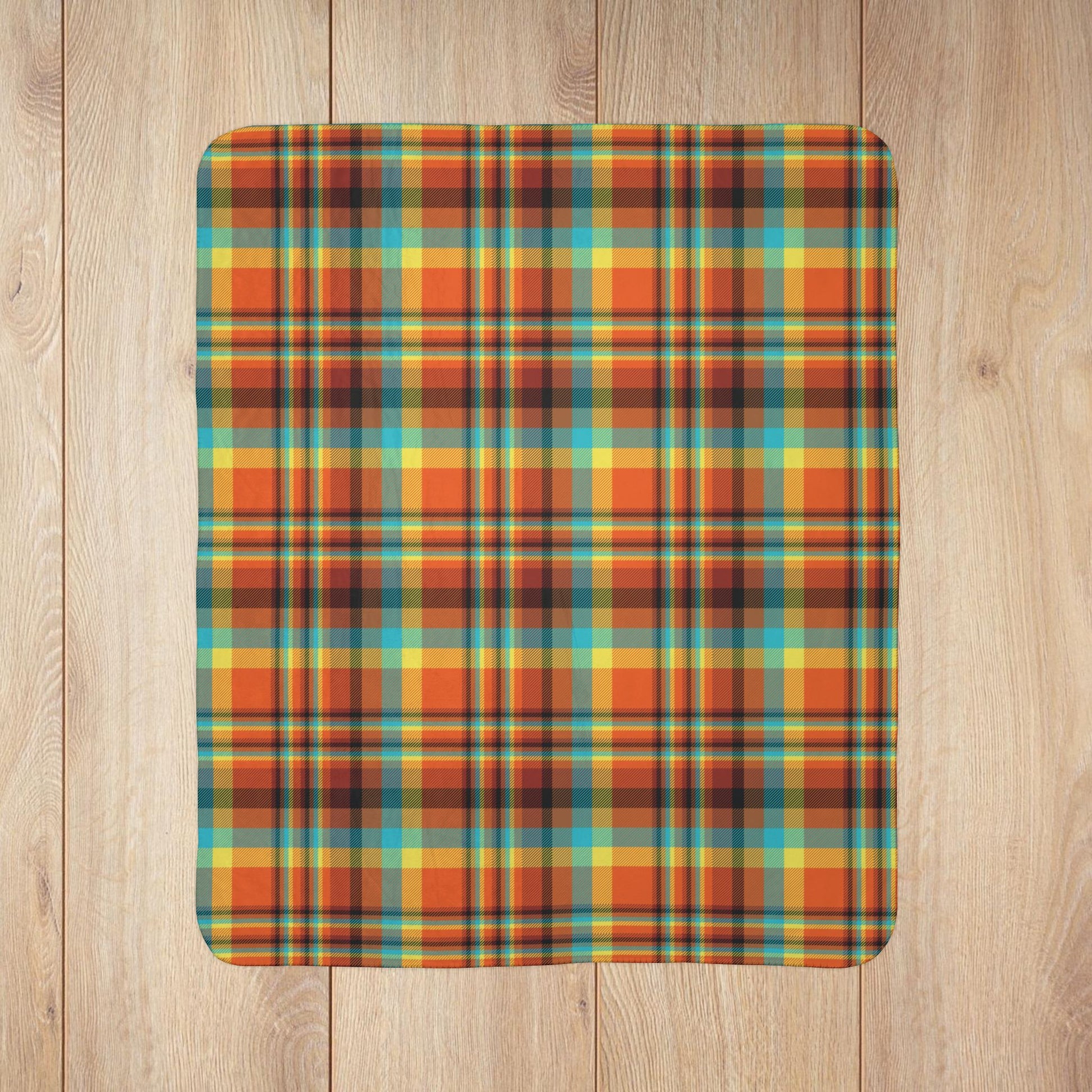 Orange, Teal & Yellow Santa Claus IN Plaid Fleece Sherpa Blanket