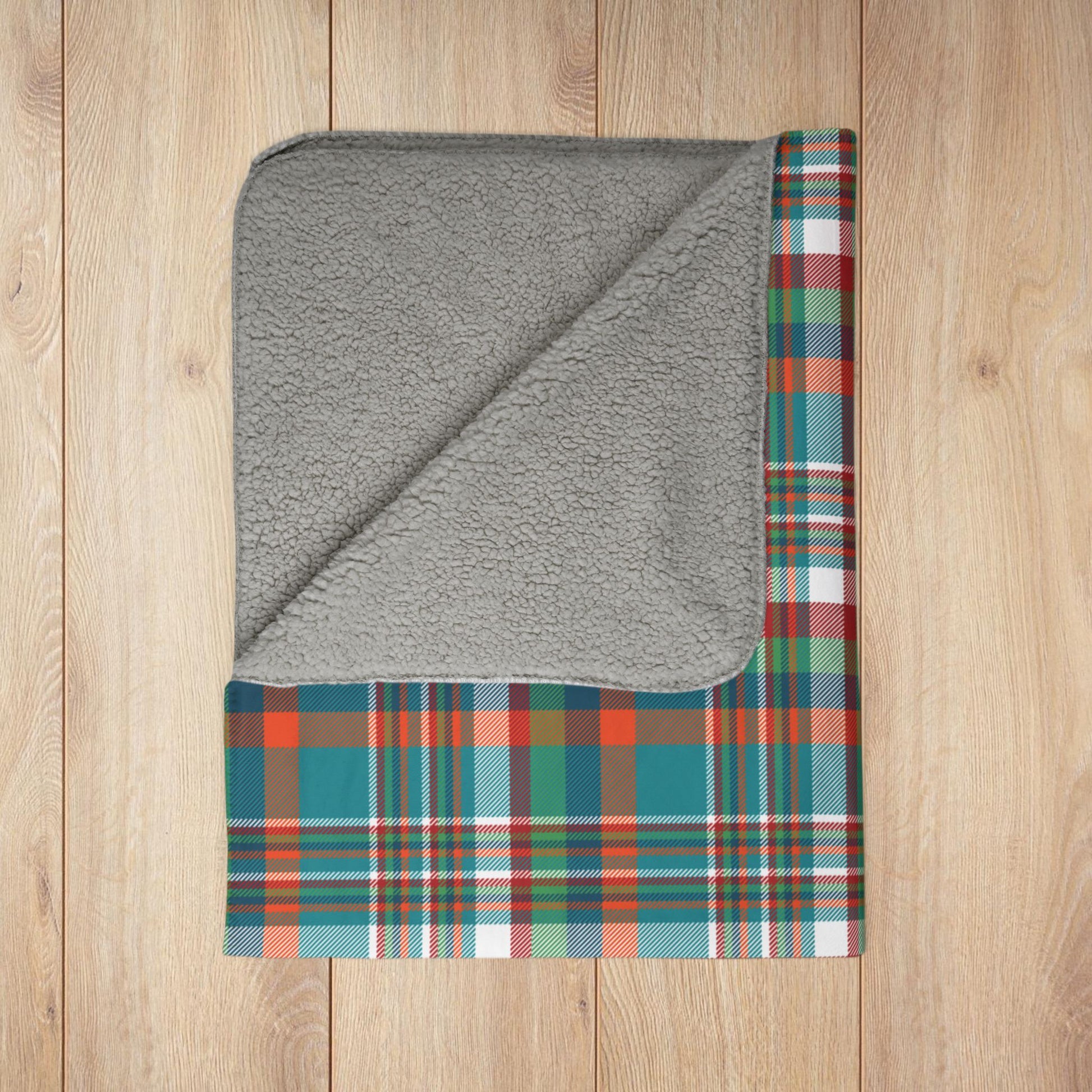 Christmas Aqua & Orange Miami FL Plaid Fleece Sherpa Blanket