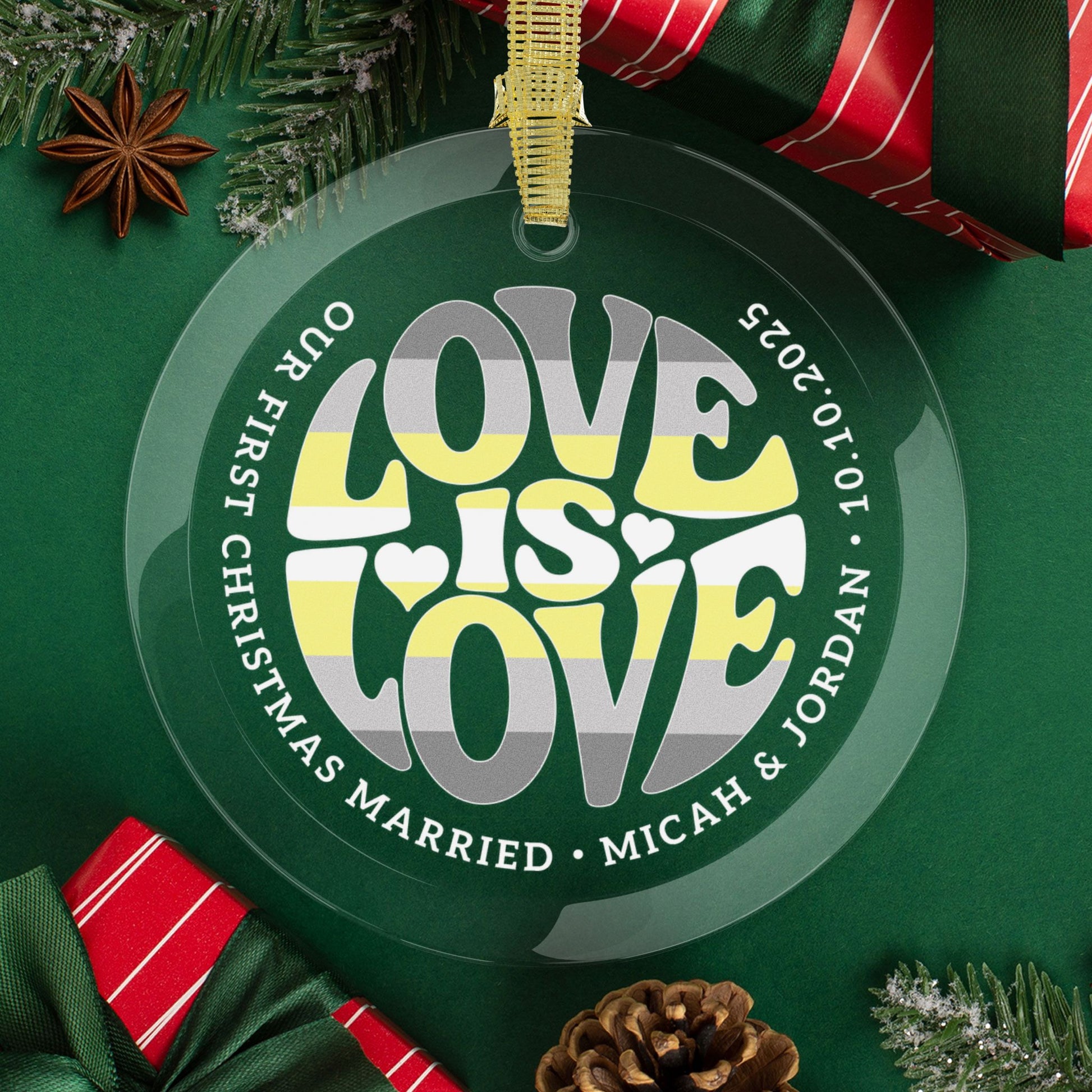 Round One Size Custom Glass Love is Love Demigender Pride 3.5" Circle Ornaments