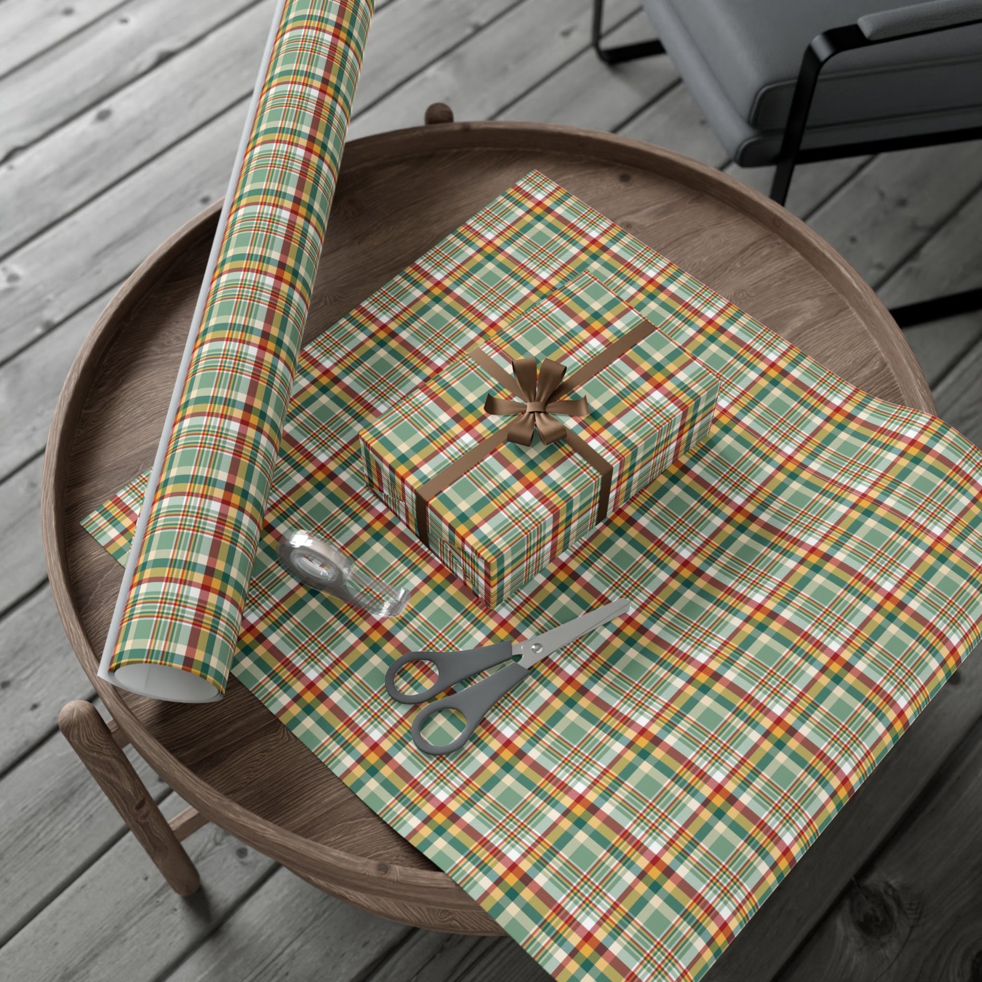 Christmas Greens, Gold & Red Plaid Gift Wrapping Paper Roll