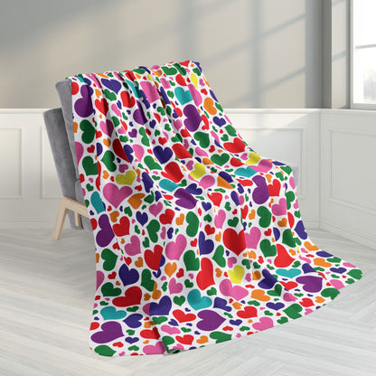 60" × 80" Gilbert Baker Rainbow Pride Valentine’s Day Hearts White Fleece Sherpa Blanket