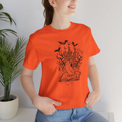 Lovebird on a Spell Book by a Haunted House, Line Art Tee