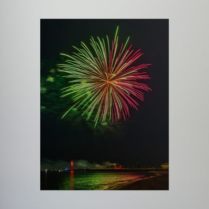 Green & Pink 4th of July Fireworks over Kenosha Pier Light Rolled Poster