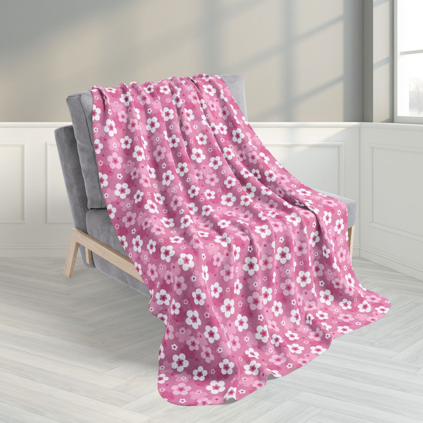 Pink Cherry Blossoms Fleece Sherpa Blanket