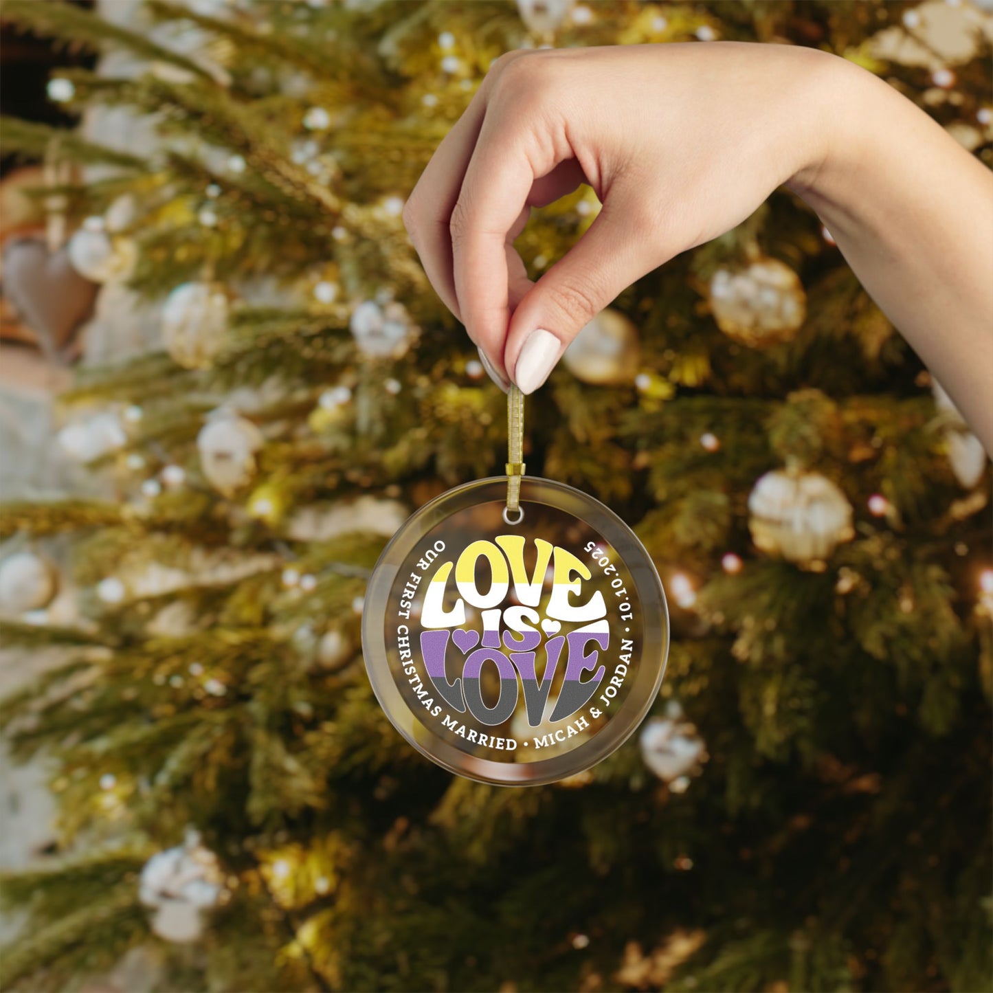 Custom Glass Love is Love Non-Binary Pride 3.5" Circle Ornaments