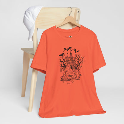 Lovebird on a Spell Book by a Haunted House, Line Art Tee