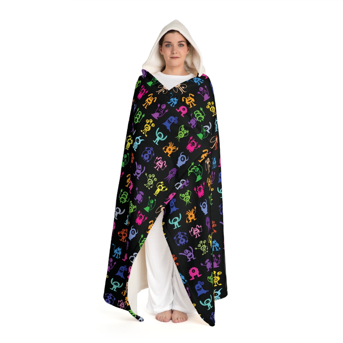 Halloween Multicolored Monsters Hooded Sherpa Fleece Blanket