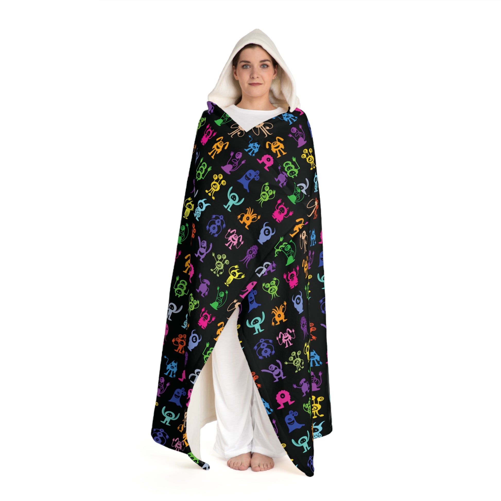 Halloween Multicolored Monsters Hooded Sherpa Fleece Blanket