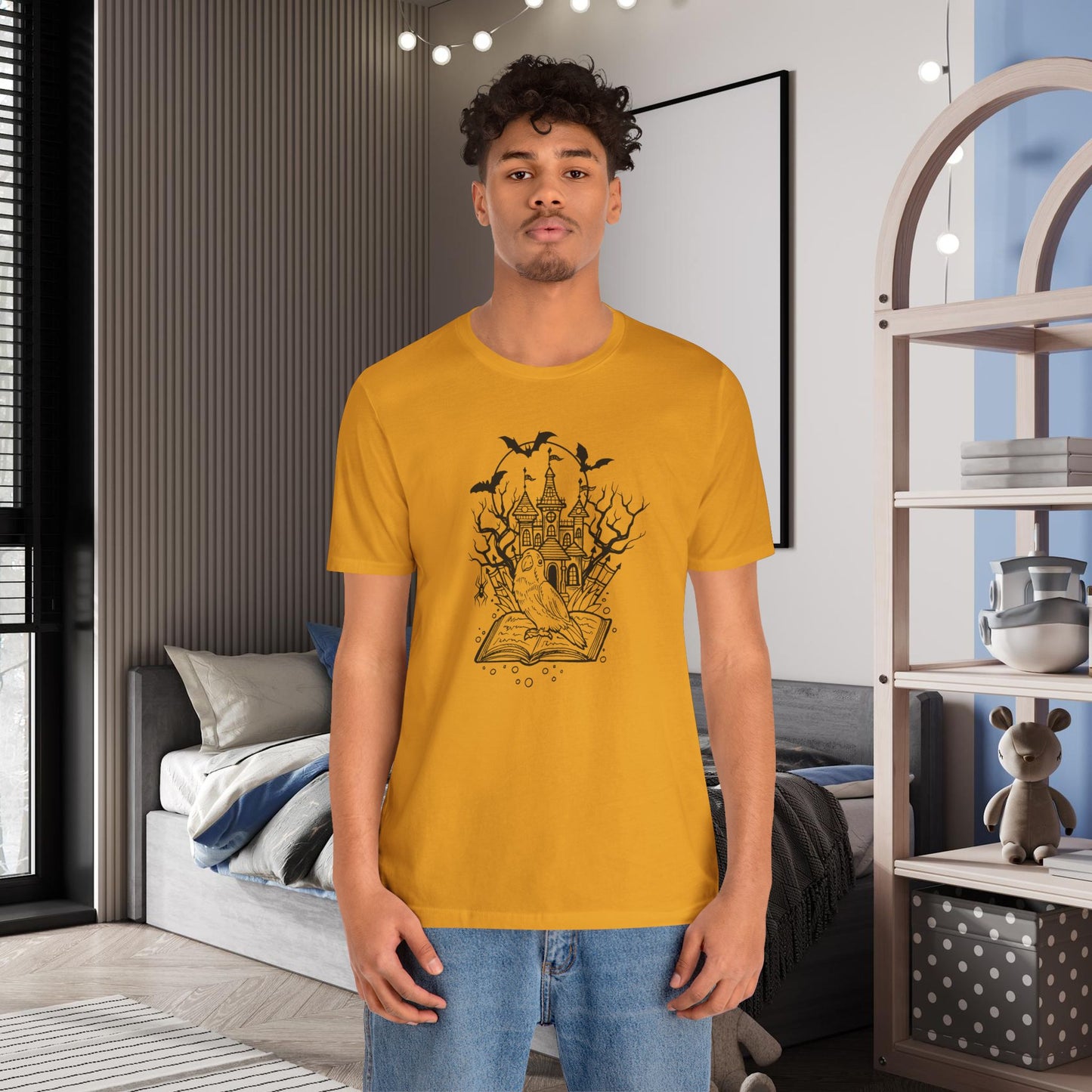 Lovebird on a Spell Book by a Haunted House, Line Art Tee