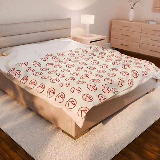 Velveteen Plush Red Rambler Logo Ivory Blanket
