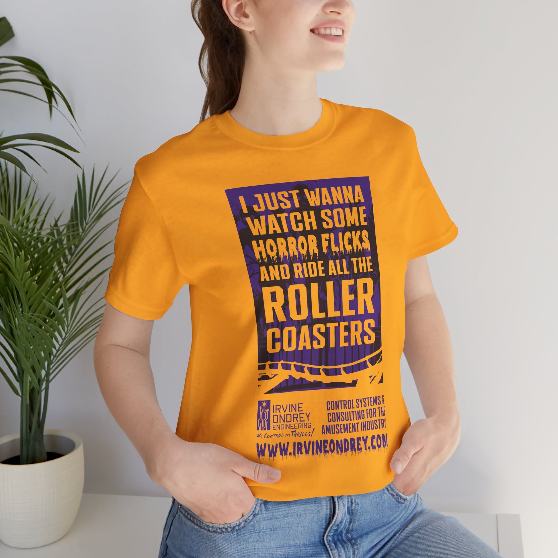 I Just Wanna Watch Horror Flicks & Ride Roller Coasters Tee (FRONT graphic) • Irvine Ondrey Engineering
