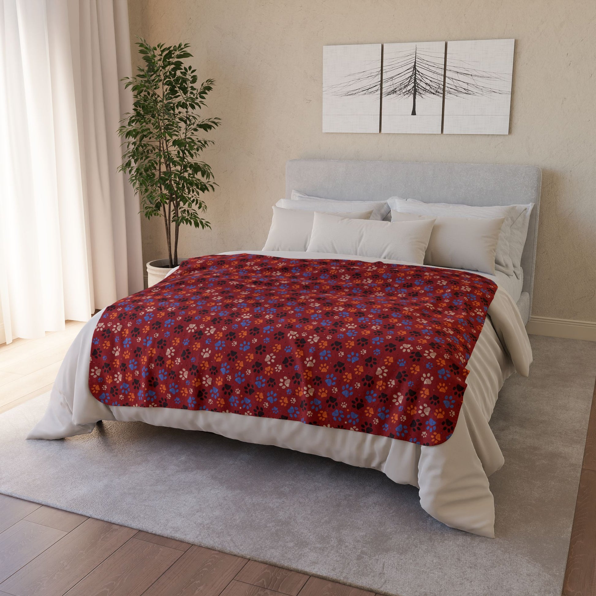 Blue & Orange Ohio Paw Prints Red Fleece Sherpa Blanket