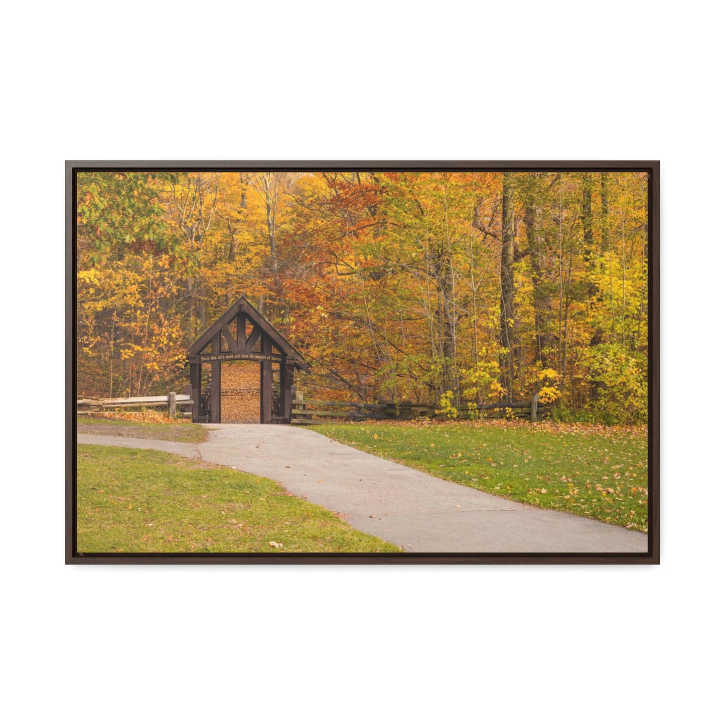 Seven Bridges Trail’s Covered Bridge at Grant Park in South Milwaukee Wisconsin, Photography Horizontal Framed Canvas Wrap Wall Art