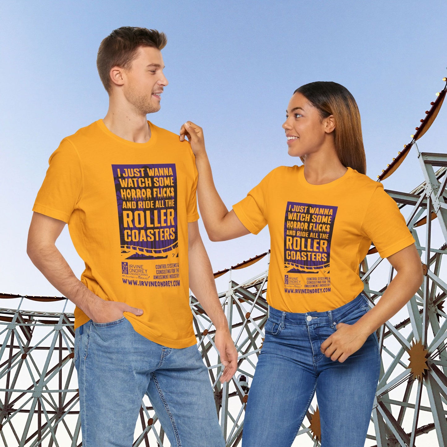 I Just Wanna Watch Horror Flicks & Ride Roller Coasters Tee (FRONT graphic) • Irvine Ondrey Engineering