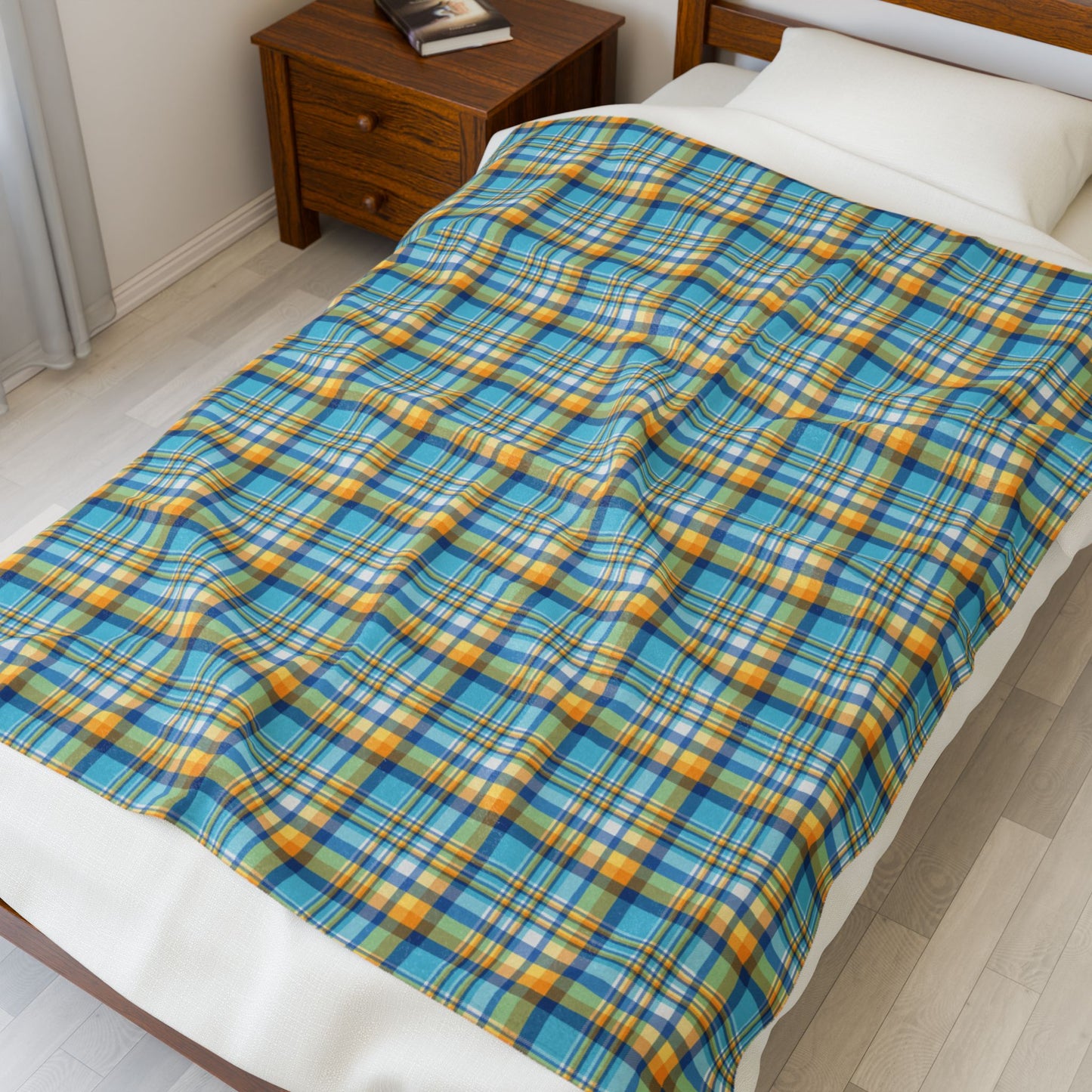 Teal, Blue & Gold Ohio Plaid Velveteen Plush Blanket