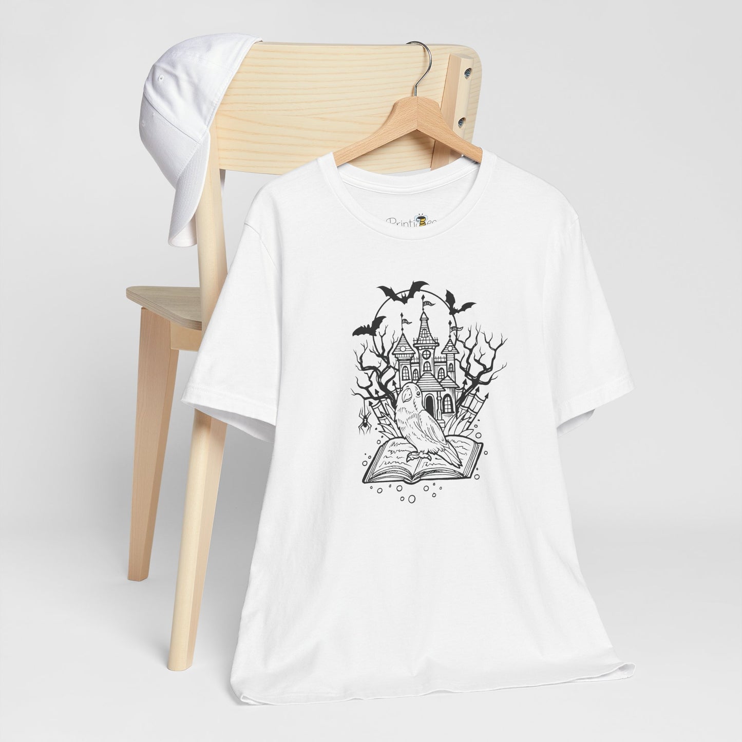 Lovebird on a Spell Book by a Haunted House, Line Art Tee