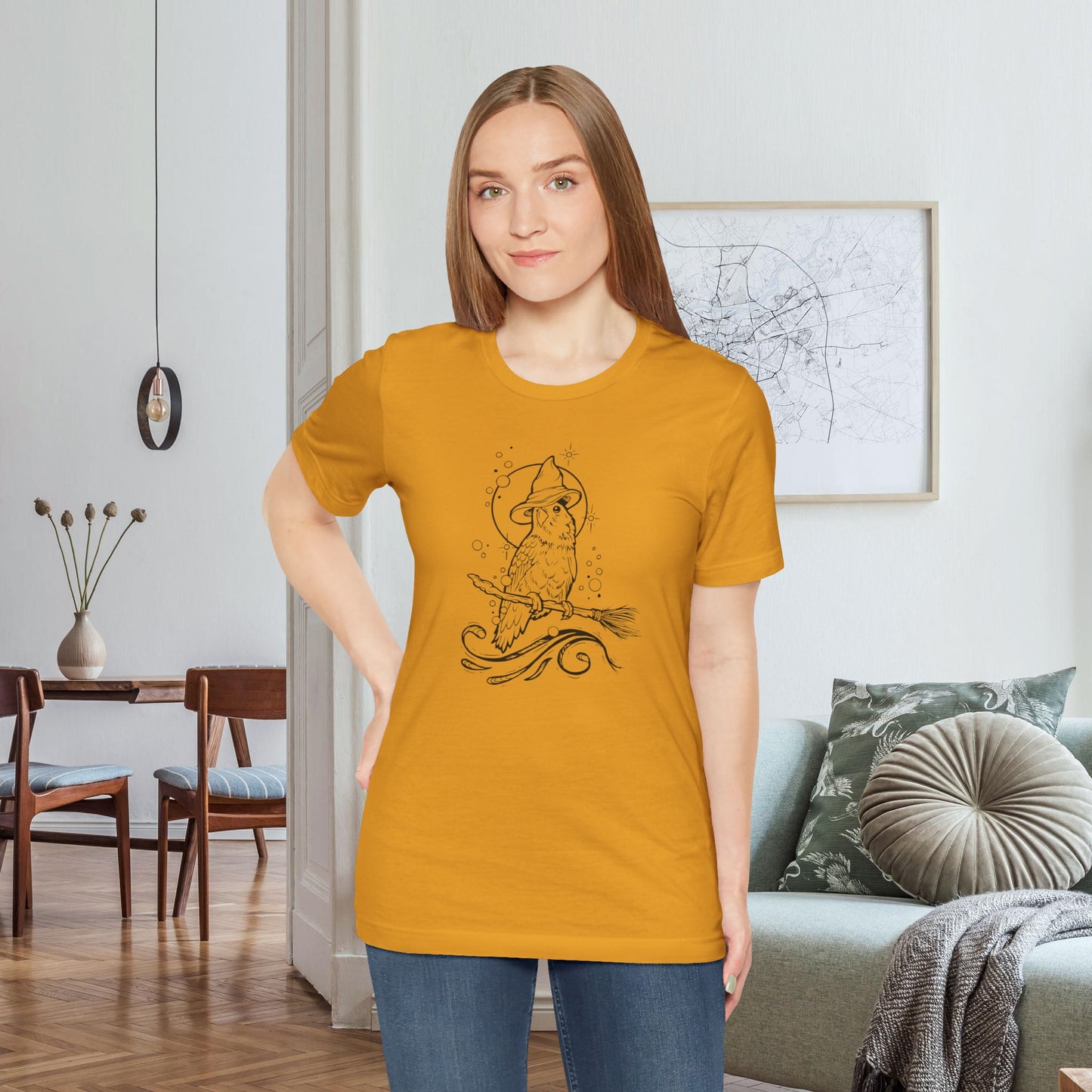 Lovebird Witch on a Broom, Line Art Tee