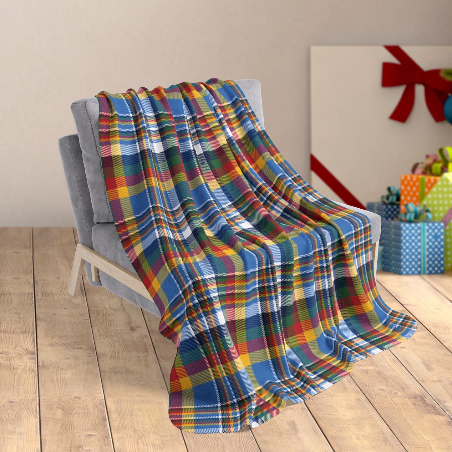 50" × 60" Christmas Blue & Gold Los Angeles CA Plaid Fleece Sherpa Blanket