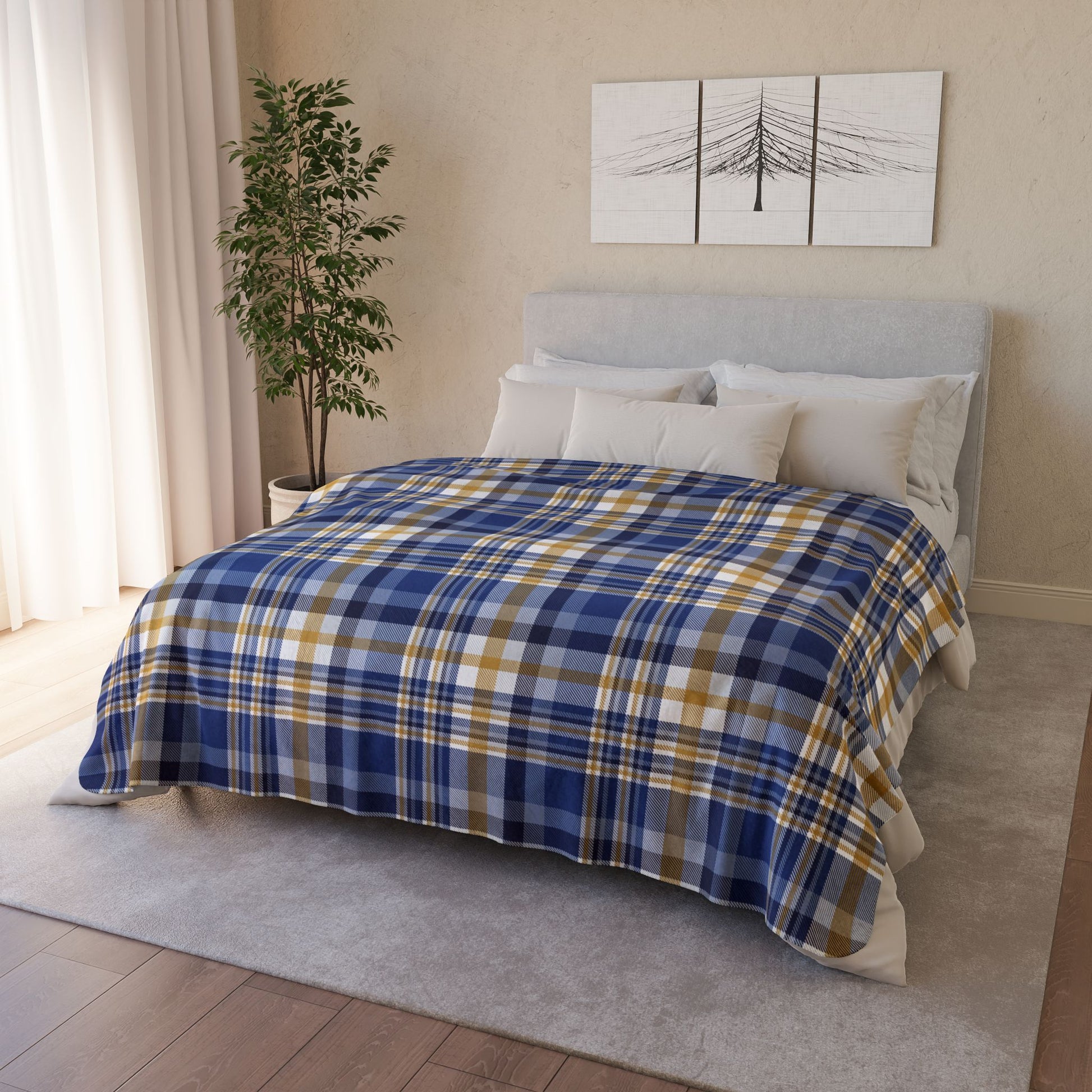 Hanukkah Dark Blue Plaid Fleece Sherpa Blanket
