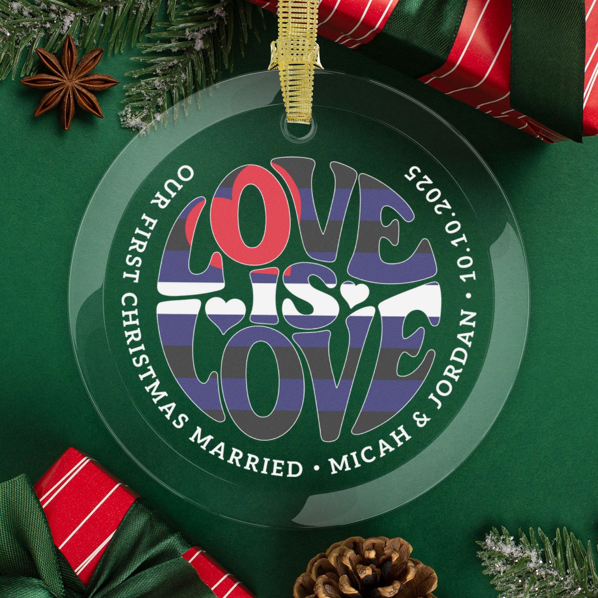 Round One Size Custom Glass Love is Love Leather Pride 3.5" Circle Ornaments