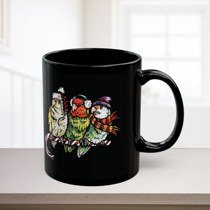 3 Lovebirds With Winter Wear & Perched on a Candy Cane, 11oz or 15oz Mug
