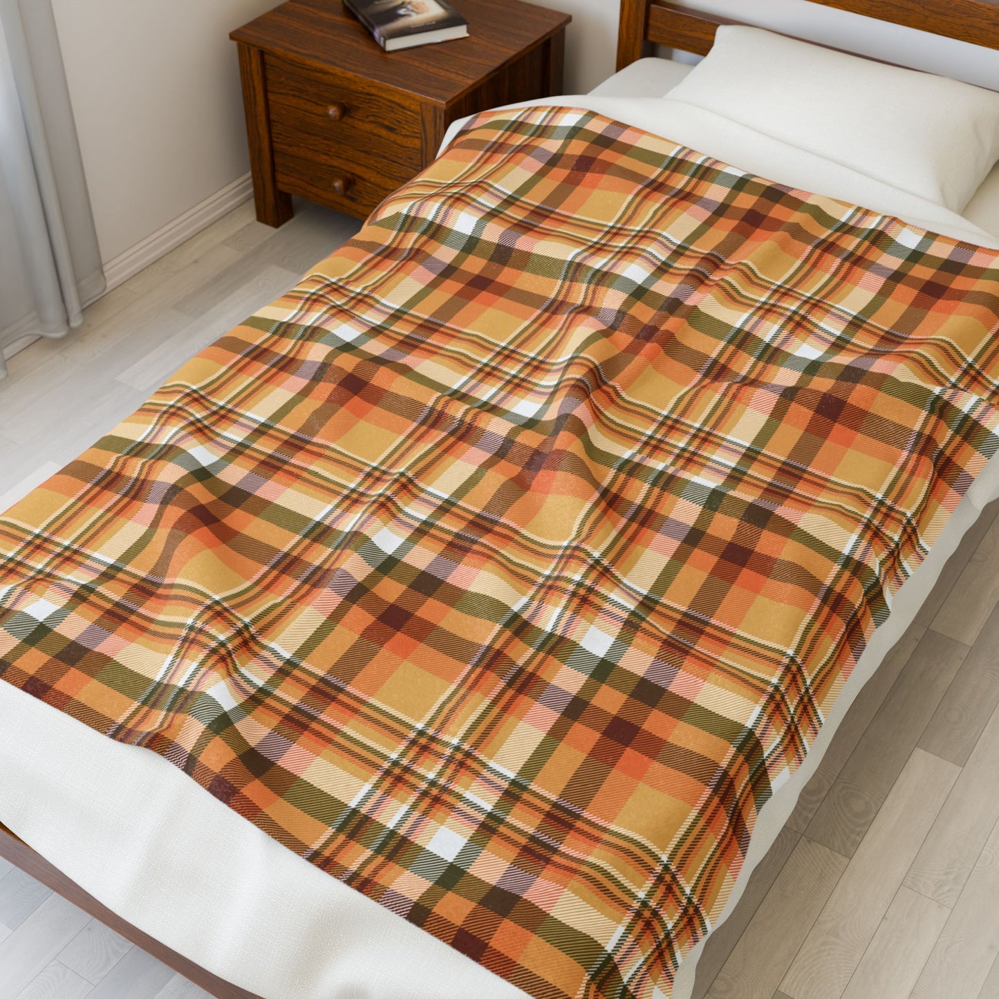 Autumn Tan Plaid Velveteen Plush Blanket