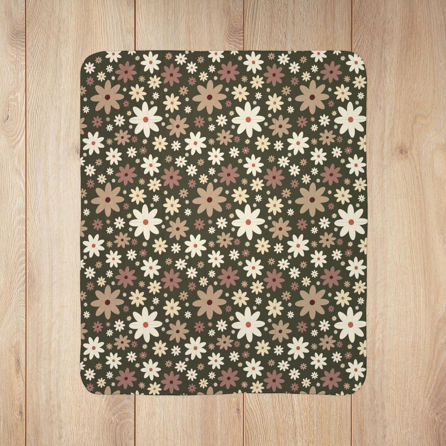 Daisies Fleece Sherpa Olive Green Blanket