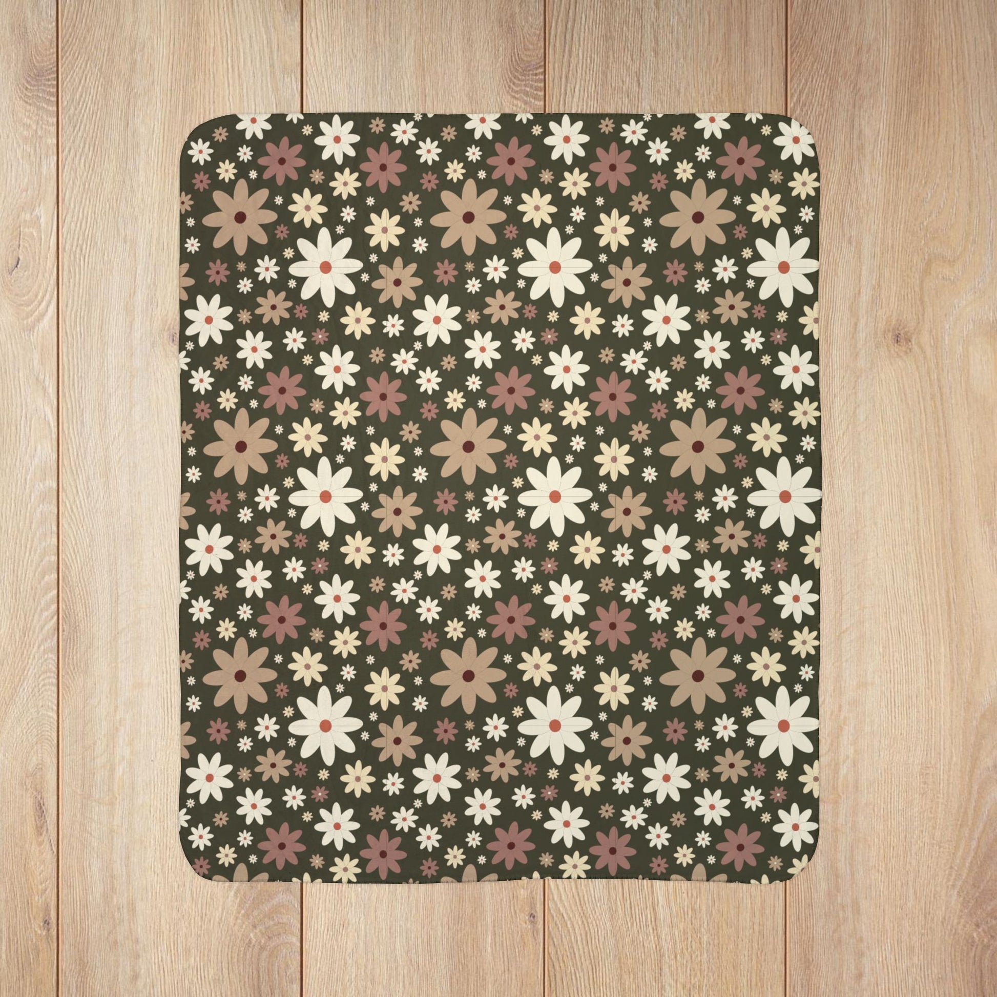 Daisies Fleece Sherpa Olive Green Blanket