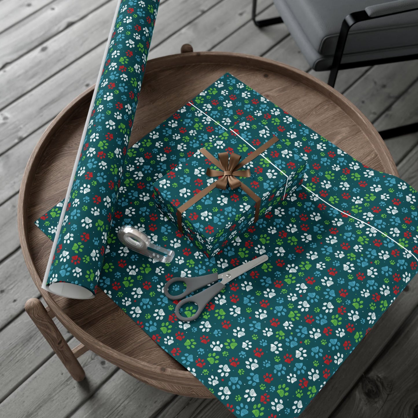 Christmas Green, Red, Blue & White Paw Print Gift Wrapping Paper Roll