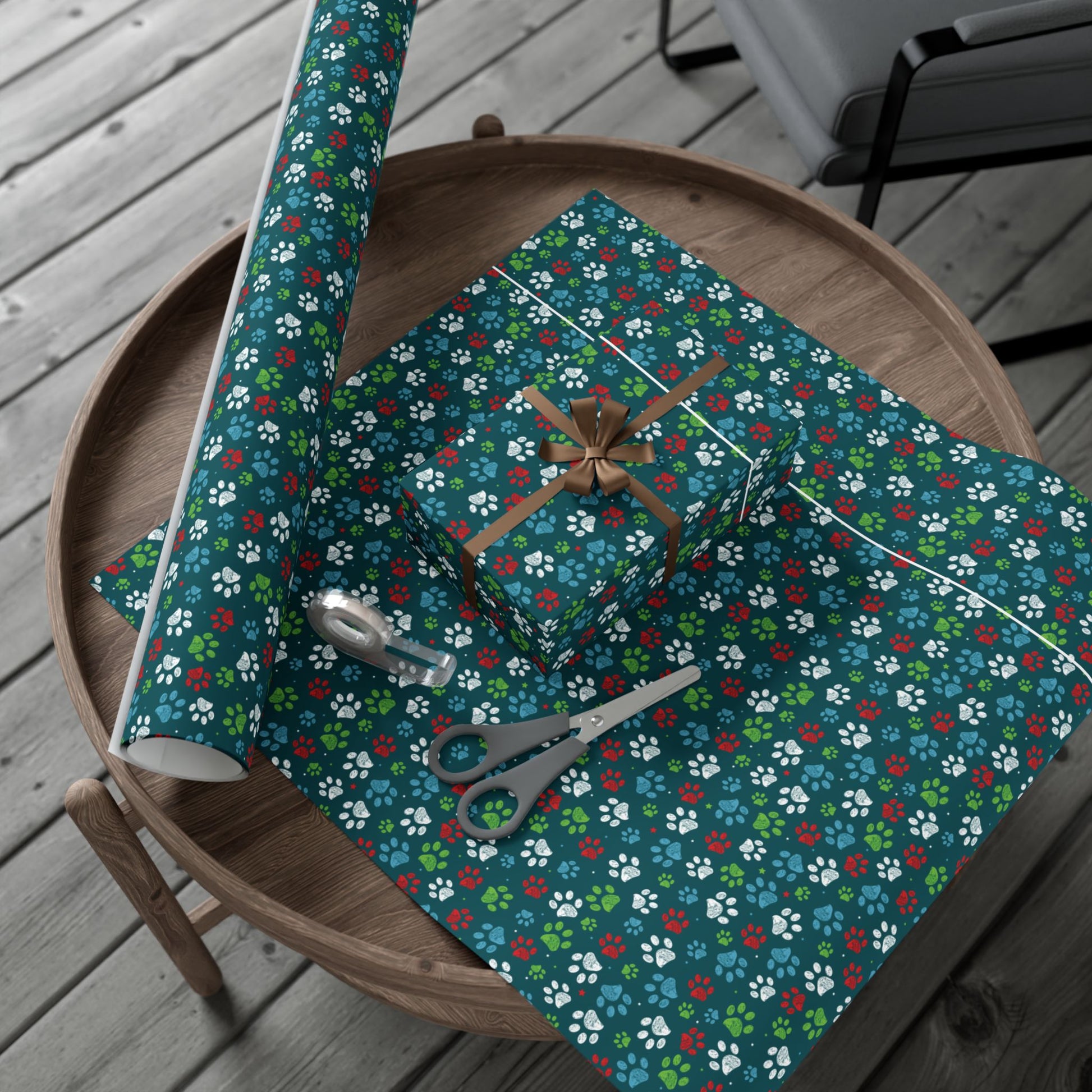 Christmas Green, Red, Blue & White Paw Print Gift Wrapping Paper Roll