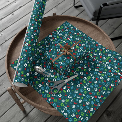 Christmas Green, Red, Blue & White Paw Print Gift Wrapping Paper Roll