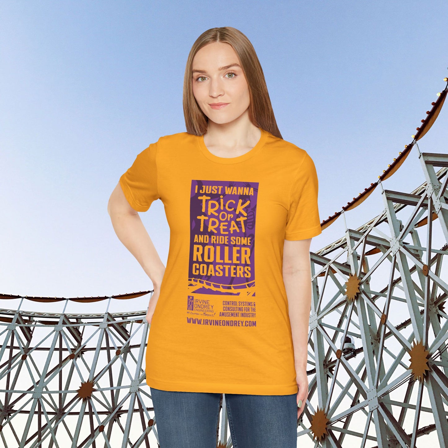 I Just Wanna Trick-or-Treat & Roller Coasters Tee (FRONT graphic) • Irvine Ondrey Engineering