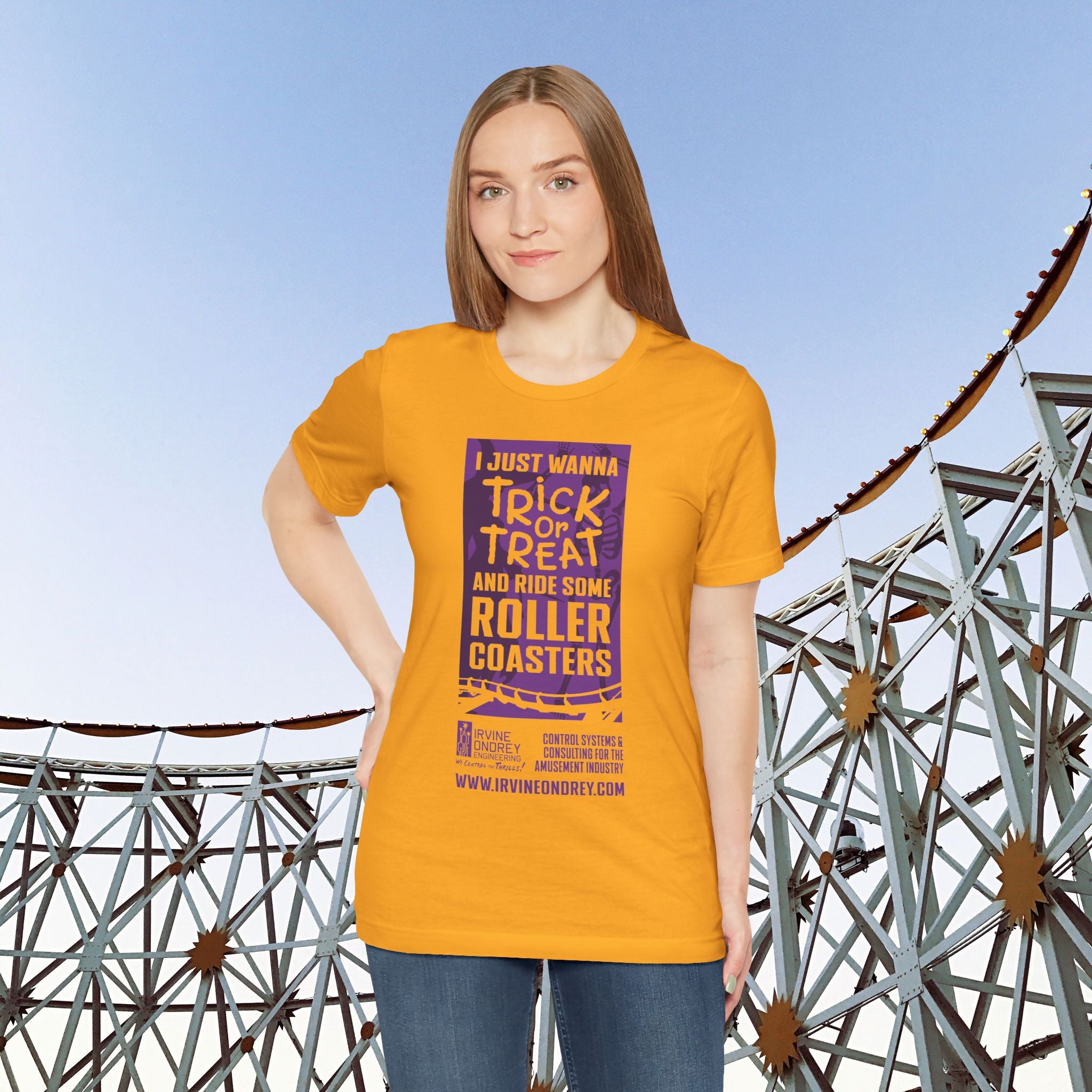 Gold I Just Wanna Trick-or-Treat & Roller Coasters Tee (FRONT graphic) • Irvine Ondrey Engineering
