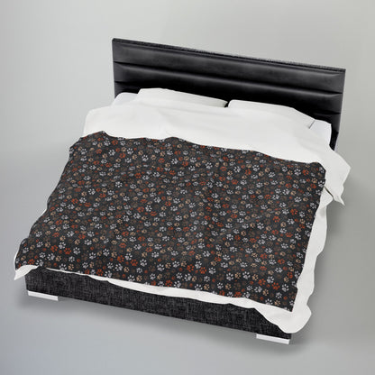 Brown Paw Prints Black Velveteen Plush Blanket
