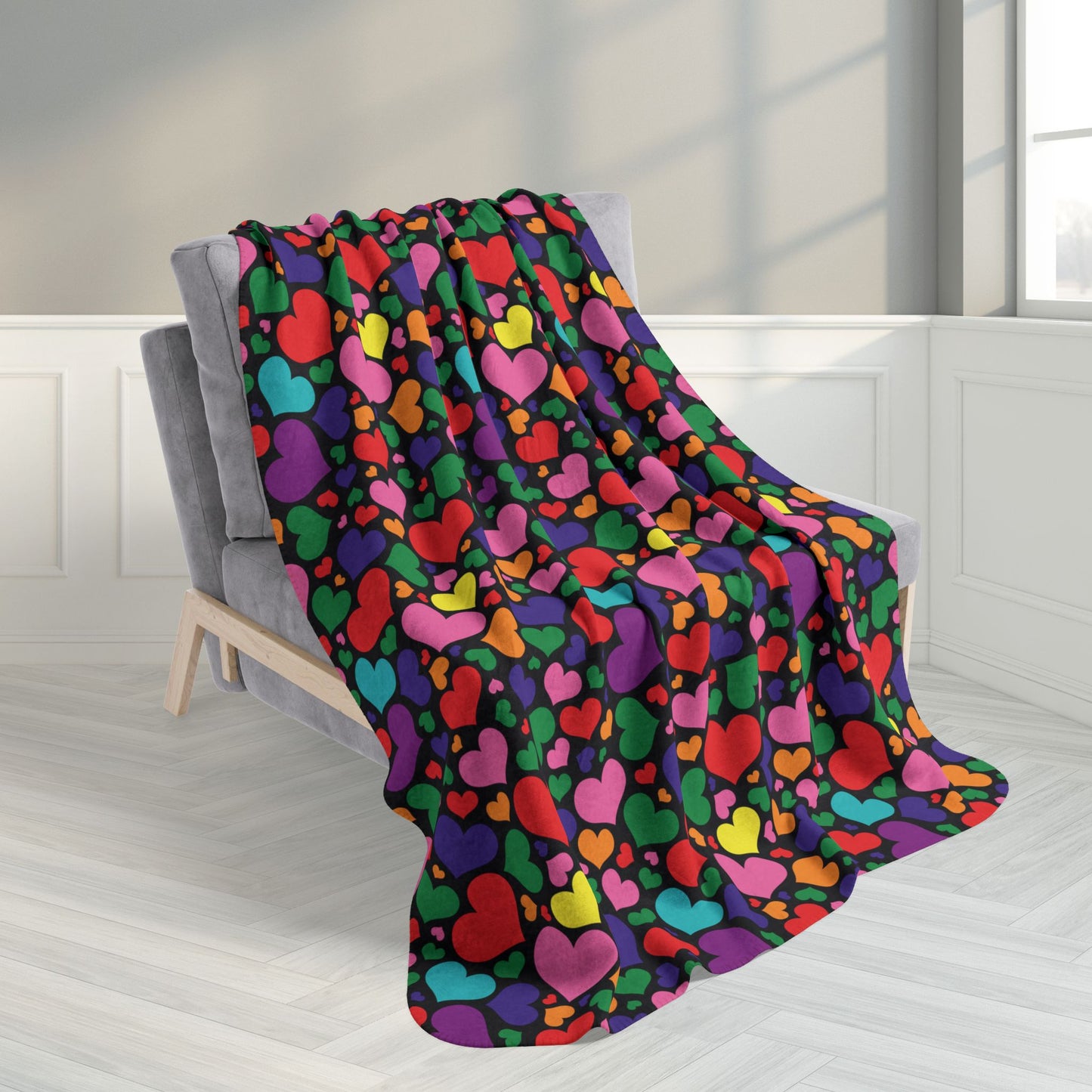 50" × 60" Gilbert Baker Rainbow Pride Valentine’s Day Hearts Black Fleece Sherpa Blanket