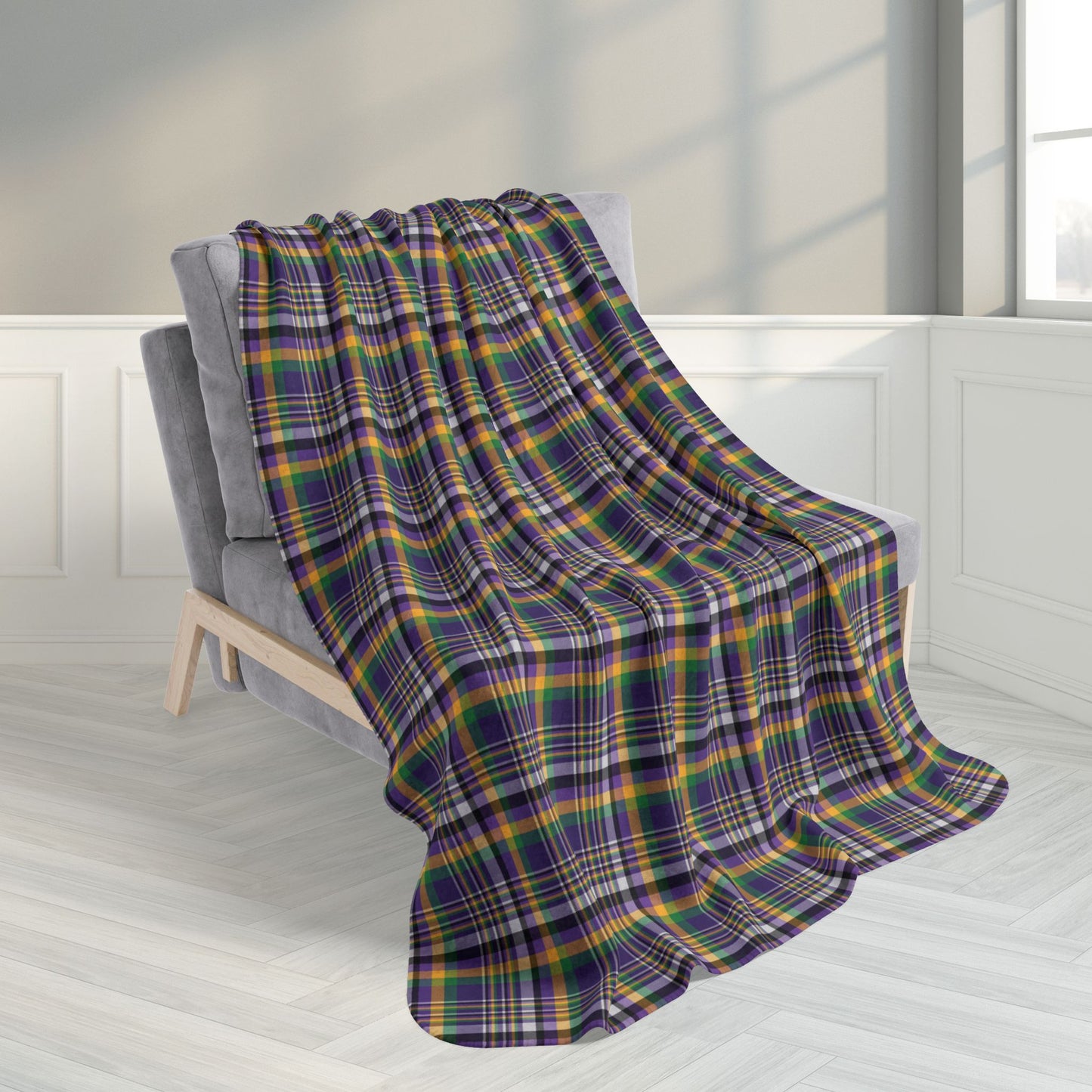 50" × 60" Beige Mardi Gras Plaid Fleece Sherpa Blanket