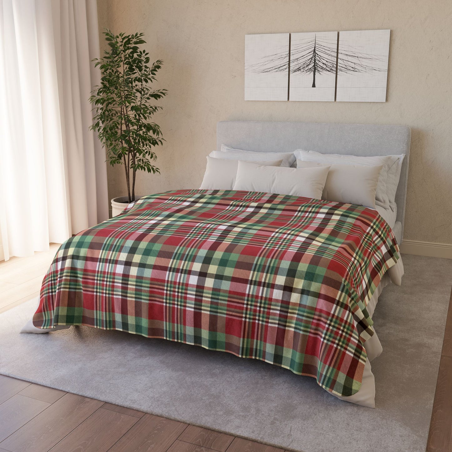 Christmas Maroon & Green Plaid Fleece Sherpa Blanket