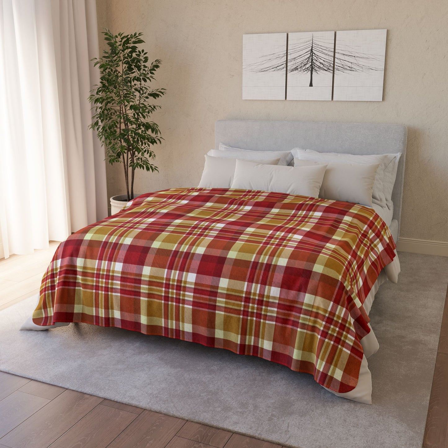 Christmas Gold & Red Plaid Fleece Sherpa Blanket