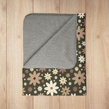 Daisies Fleece Sherpa Olive Green Blanket