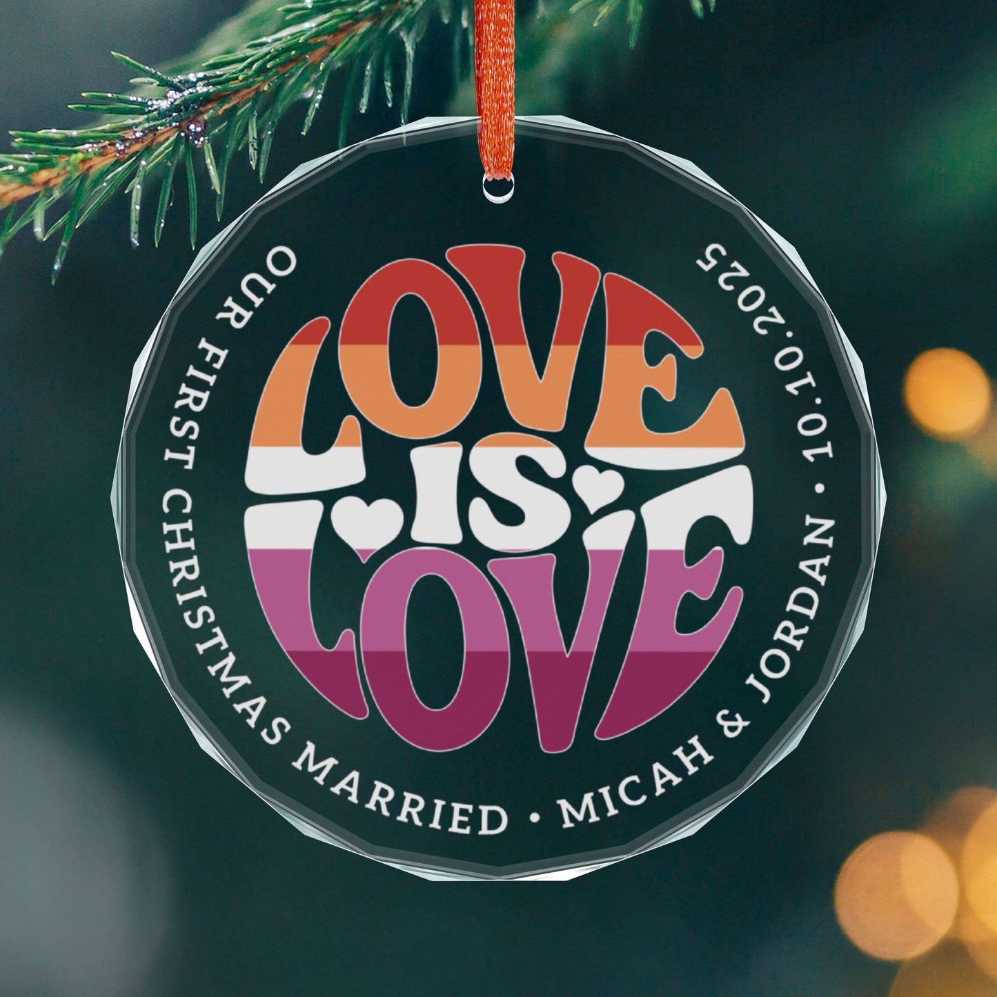 Round One size Custom Crystal Love is Love Lesbian Pride 3" Circle Ornament