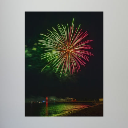 Green & Pink 4th of July Fireworks over Kenosha Pier Light Rolled Poster