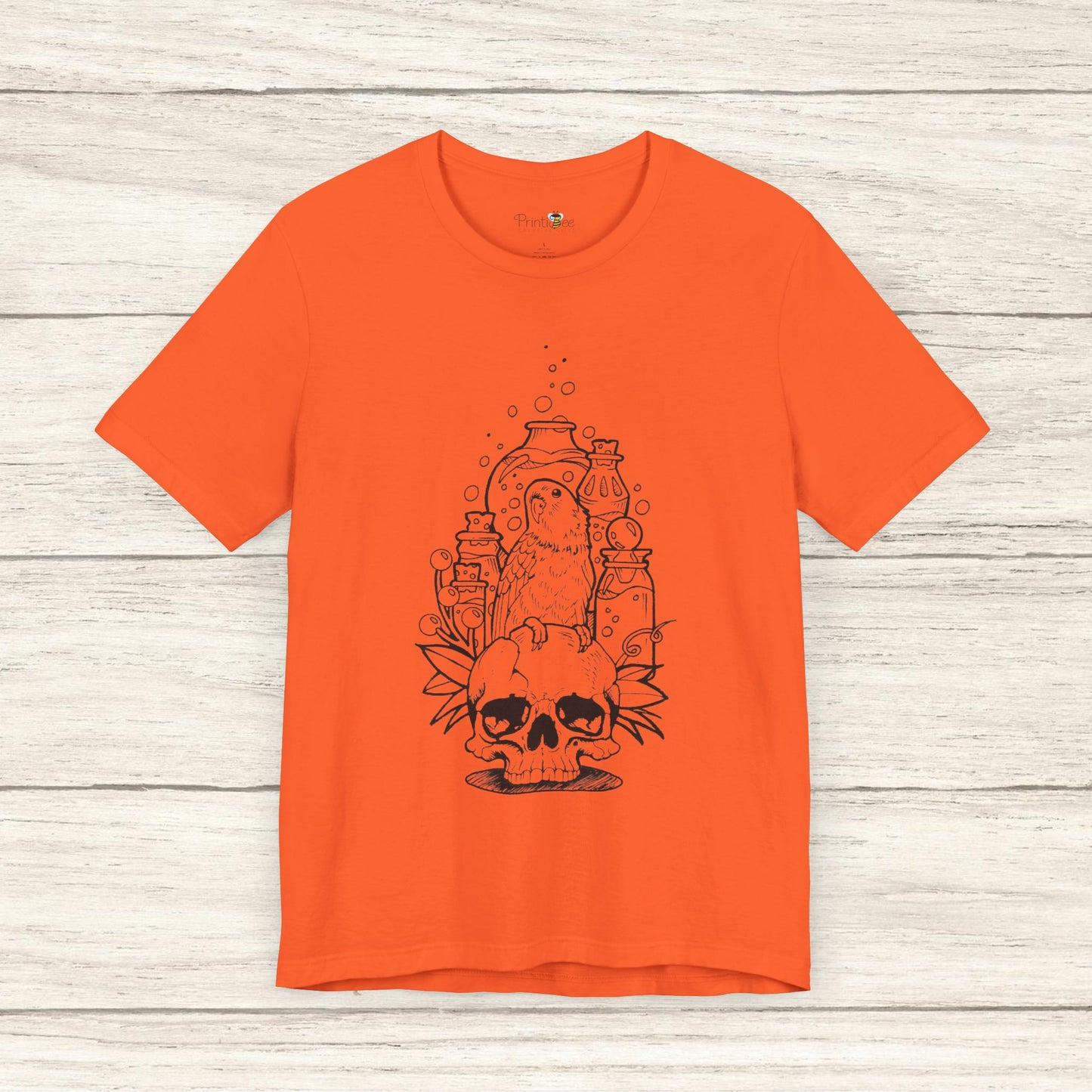 Crazy Scientist Lovebird Sitting on a Skull, Line Art Tee