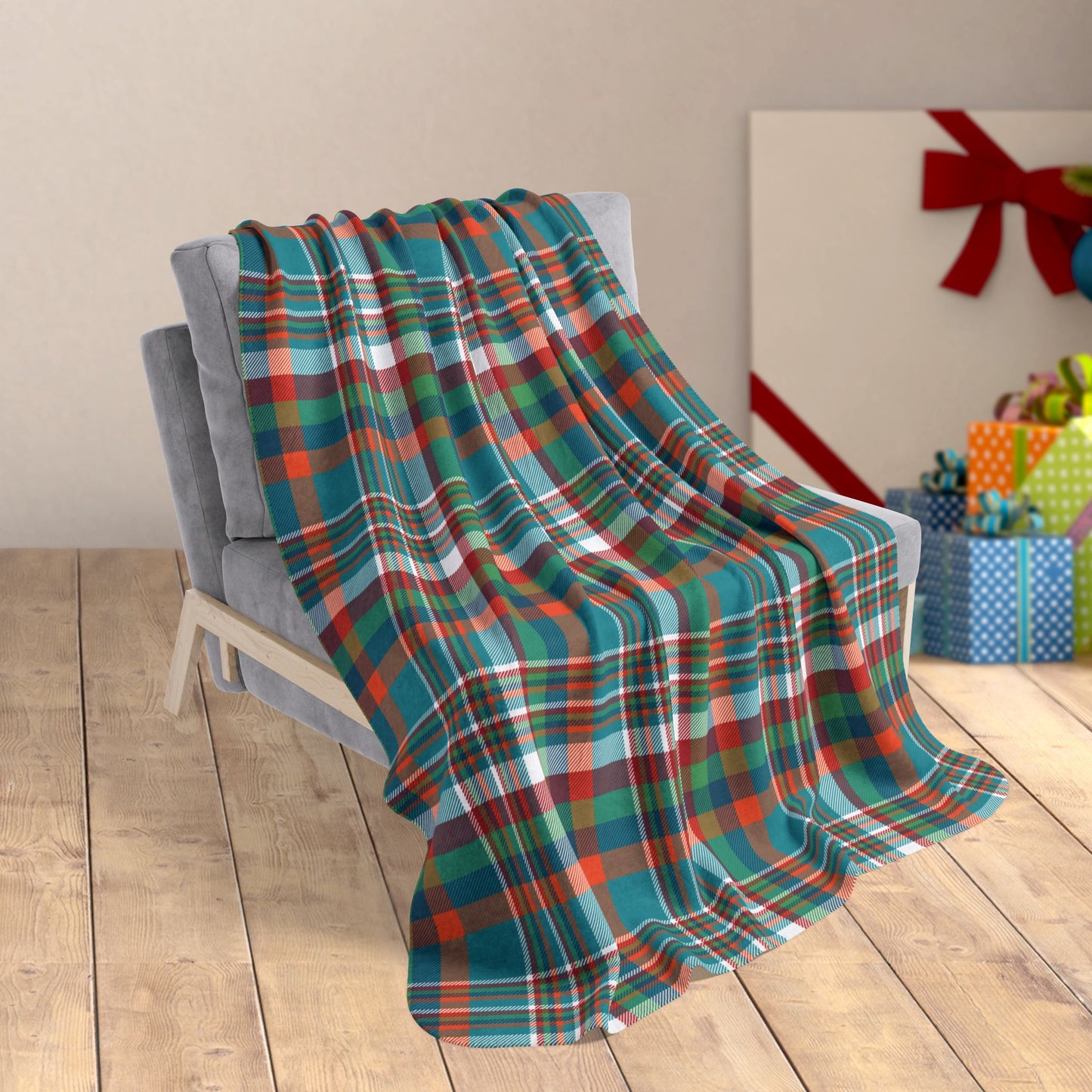 Christmas Aqua & Orange Miami FL Plaid Fleece Sherpa Blanket