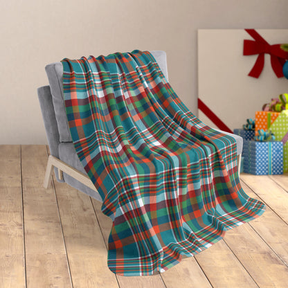 Christmas Aqua & Orange Miami FL Plaid Fleece Sherpa Blanket