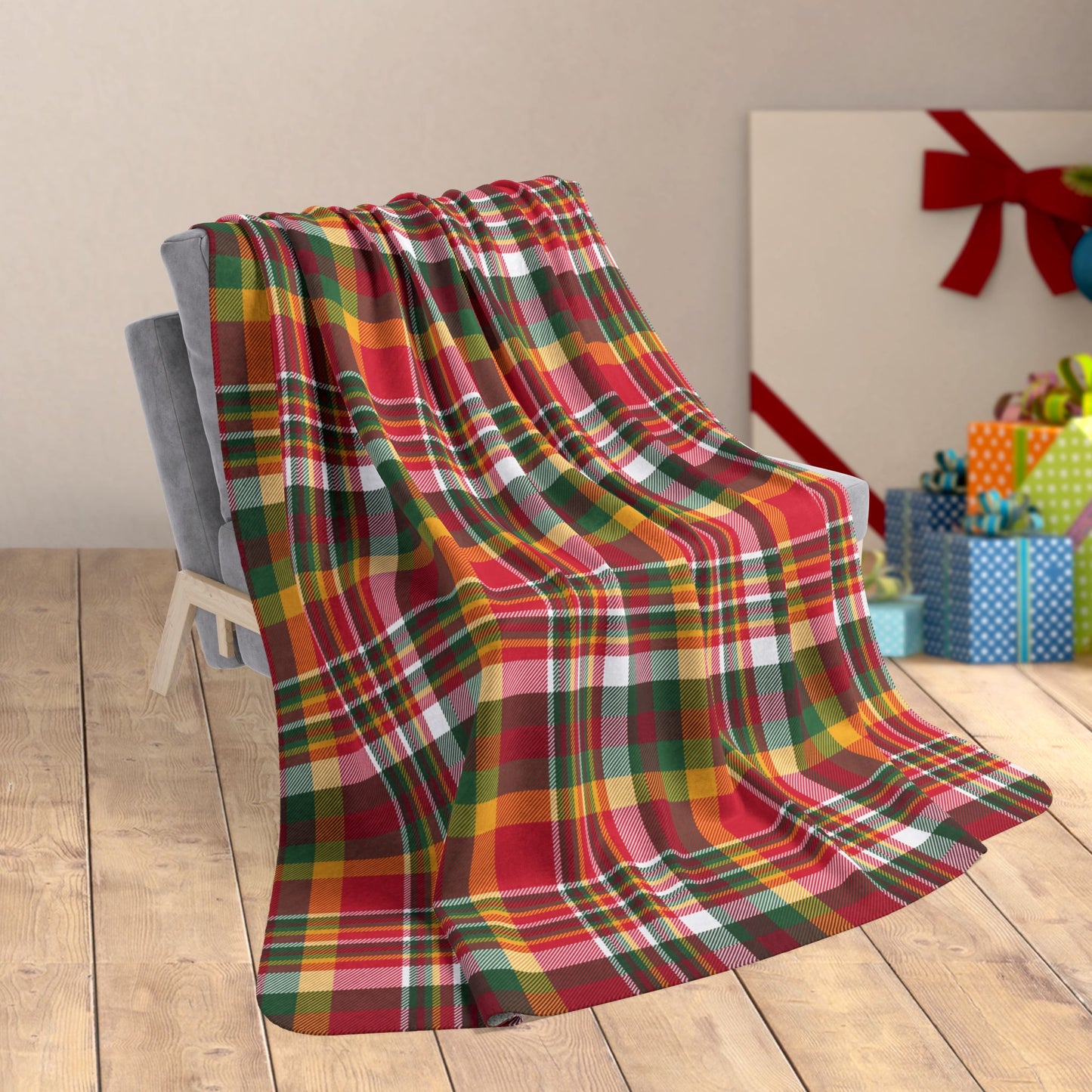 60" × 80" Christmas Red & Yellow Kansas City MO Plaid Fleece Sherpa Blanket