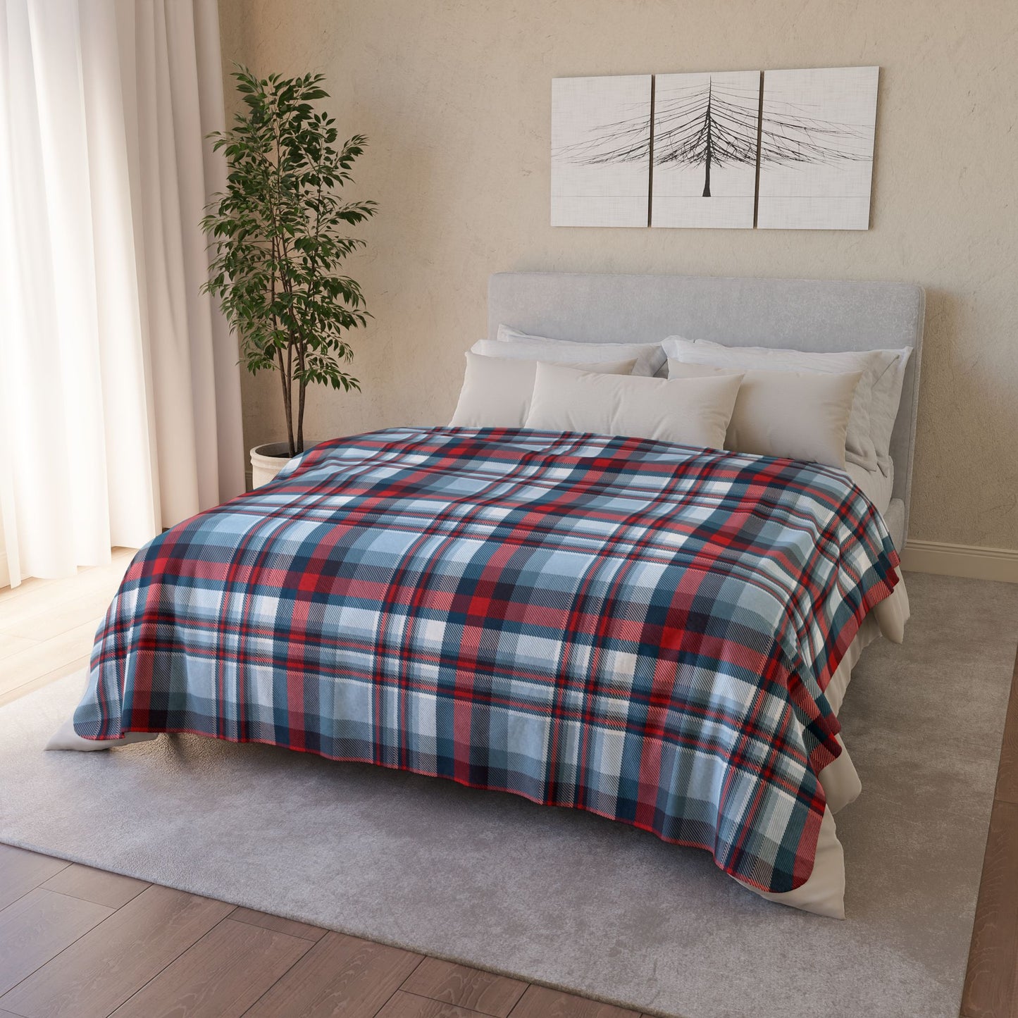 60" × 80" Beige Nautical Teal Plaid Fleece Sherpa Blanket