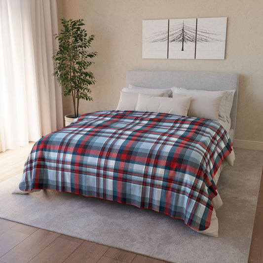 60" × 80" Beige Nautical Teal Plaid Fleece Sherpa Blanket