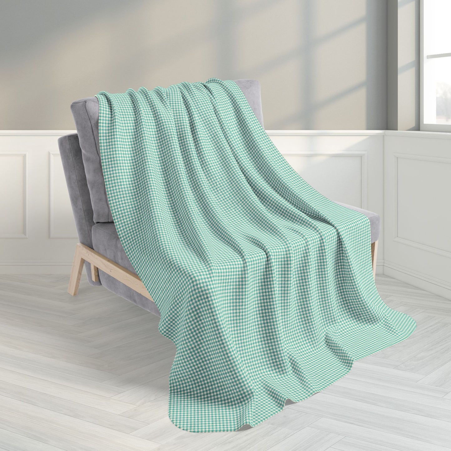 Turquoise & Cream Gingham Fleece Sherpa Blanket