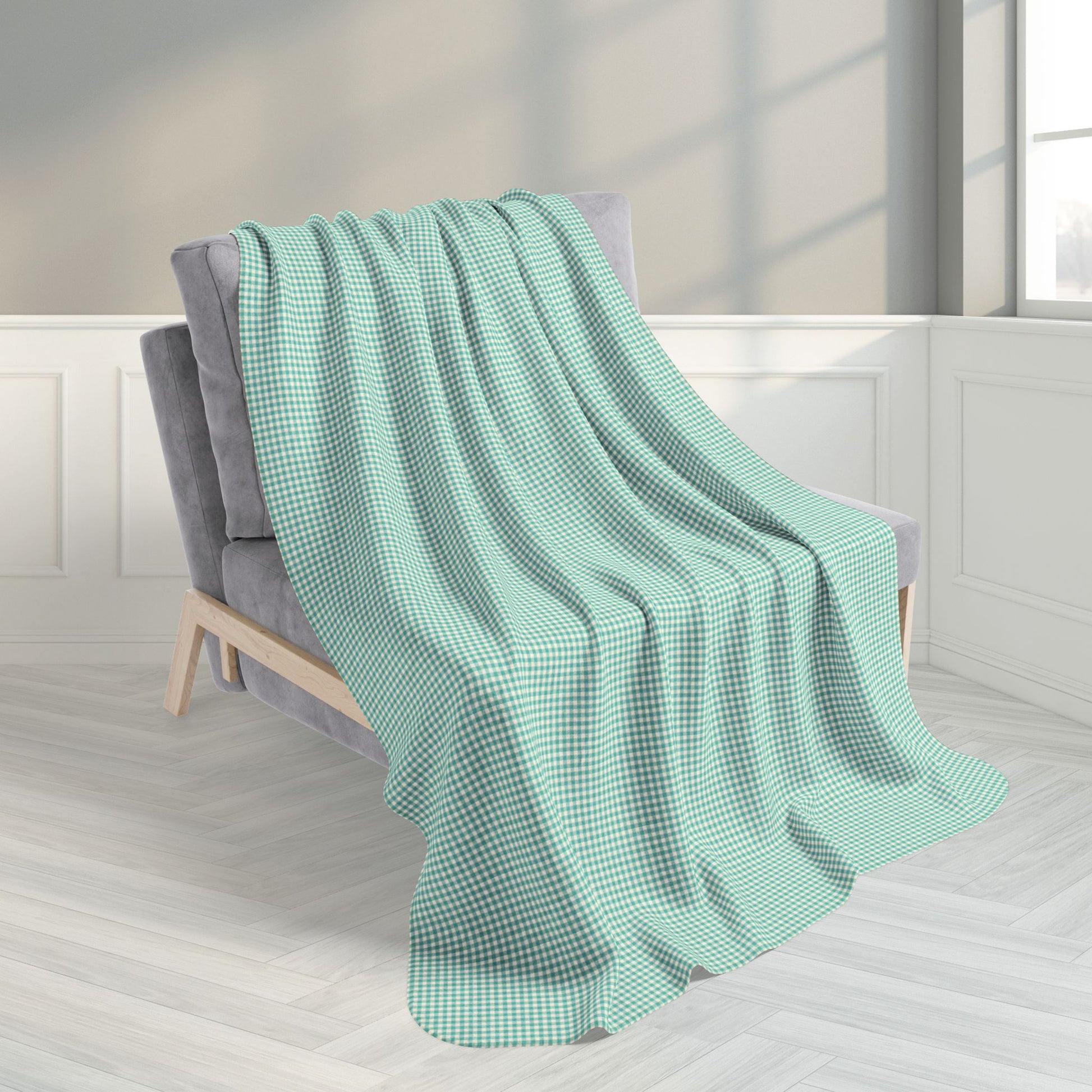 Turquoise & Cream Gingham Fleece Sherpa Blanket