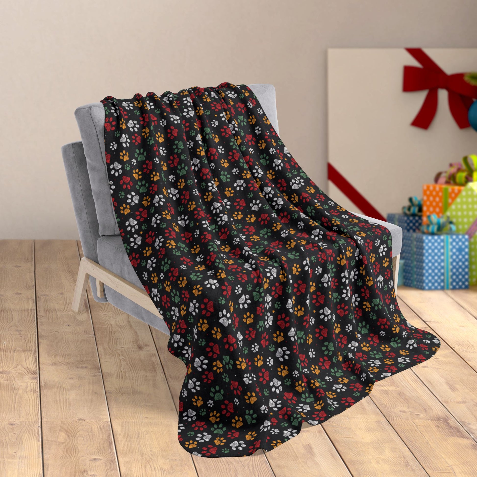 50" × 60" Red, Green & Orange Sandusky OH Paw Prints Black Fleece Sherpa Blanket